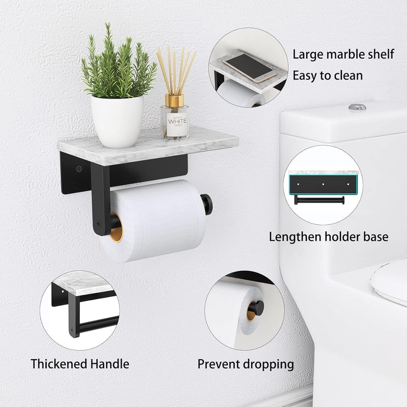 Gypie Marble Toilet Paper Holder with Shelf, 304 Stainless Steel Screw Wall Mounted, Tissue Roll Holder for Bathroom Washroom Matte Black - Image 2